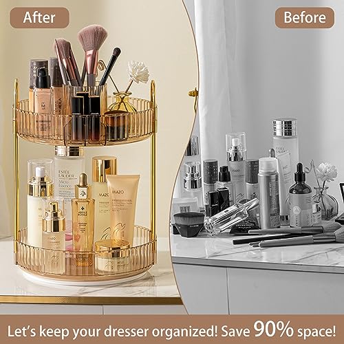 shuang qing Rotating Makeup Organizer for Vanity, High-Capacity Skincare Clear Make Up Storage Perfume Organizers Cosmetic Dresser Organizer Countertop 360 Spinning (Gold, New-2 Tier) - color: Gold, size: New-2 Tier