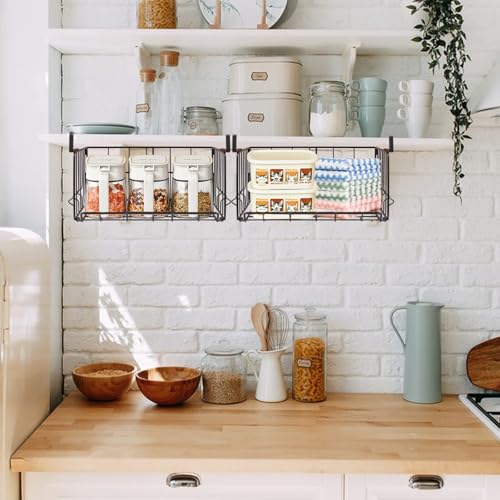 Hanging Under Shelf Storage Basket, 2 Pack Foldable Under Cabinet Metal Desk Storage Wire Rack Organizer for Kitchen Pantry Bookshelf Office Home, Easy to Install Slide-in Under Shelves (Black) - color: Black 2