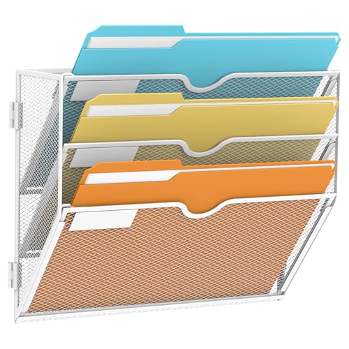 SUPEASY 3-Tier Wall File Organizer, Hanging Wall Mounted Mail Organizer with Label Slots, Metal Mesh File Holder Magazine Rack for Office, Home, School or Classroom, White - color: White, size: 3-Tier