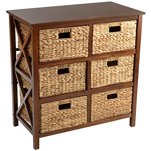 eHemco 3 Tier X-Side End Storage Cabinet with 6 Wicker Baskets, Walnut - color: Walnut, size: 15.5"D x 29.3"W x 30"H (6 Drawers)