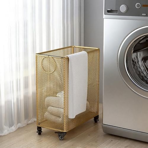 Gold Metal Laundry Basket with Wheels, Rolling Laundry Hamper Cart Gold Mesh Laundry Clothes Sorter Storage Cart Organizer Shelf Basket Durable for Laundry Room - color: Gold