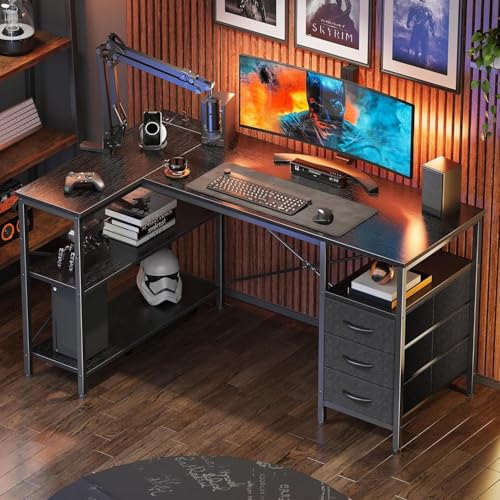 Alpen Computer Desk with Drawers, L Shaped Desk for Bedroom with Power Outlets, Gaming Table with Storage Shelves, Corner Desk for Gaming, Study Writing PC Table, 47 Inch, Black - color: Black, size: 47 Inches