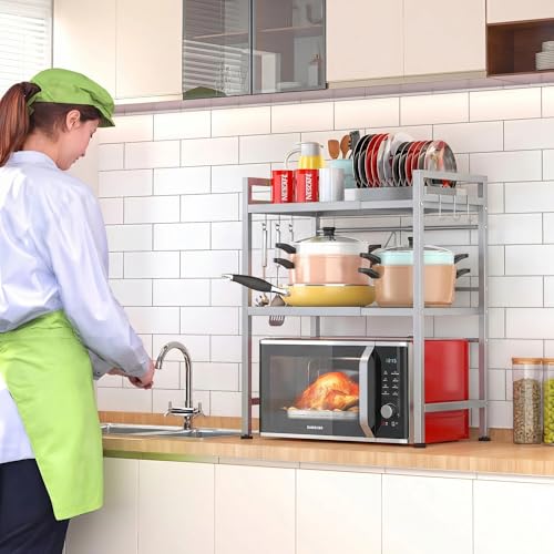 PUSDON 3-Tier Expandable Microwave Oven Rack, Countertop Baker's Rack Style Shelf, Heavy Duty Adjustable Stand with Hooks, 160lbs Capacity Appliance Match, Silver Gray - color: Silver Grey, size: H-frame 3 tier