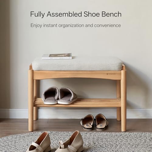 Solid Wood Shoe Bench Assembled, Shoe Rack Bench with Cushion for Entryway, Living Room, Bedroom, Hallway, 11.8" x 23.6" x 16.5", Natural - color: Natural + Light Gray, size: 23.62"