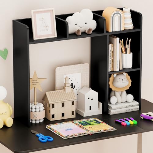 Tangkula Desktop Bookshelf, Countertop Storage Hutch with Shelves for Computer Desk, Desk 3-Tier Display Rack, Multipurpose Wood Desktop Hutch Storage Organizer for Dorm Office (Black,5 Shelves) - color: Black, size: 5 Shelves