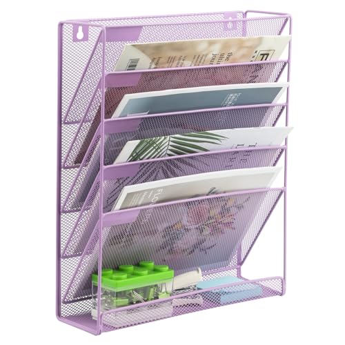 EASEPRES Desk File Organizer Mesh 6 Tier, Hanging Wall Mount Document Organization Stand, Desktop Vertical Mail Paper Folder Holder Rack with Bottom Tray for Office Home Cubicle, Light Purple - color: Light Purple, size: 6 Tier