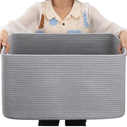 OIAHOMY 75L Large Blanket Basket, Woven Blanket Storage Basket with Handle, Cotton Rope Basket for Organizing 22”x17”x12”, Blanket Basket living Room, Toy Basket for Nursery, Grey - color: Grey, size: 22”x17”x12”