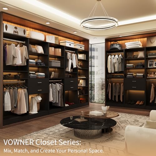 VOWNER 50'' Freestanding Closet System with Drawers & Adjustable Shelves & Rod, Wood Walk in Closet Organizer System, Shelving Unit, Garment Rack, Armoire Wardrobe Closet Bedroom Entryway, Black, BC - color: Black