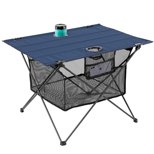 Lightweight Camping Table - Portable Folding Beach Side Table w/2 Cup Holders & Large Storage Basket, Compact Fold for Tailgate Travel Outdoor Fishing Picnic | 29.2" W x 21.7" D (Blue) - color: B: Blue