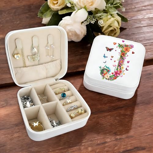 Monogram Jewelry Box Portable Print Jewelry Box, White Compact Jewelry Box Travel Jewelry Case Travel Case Organizer Bag Storage Box Jewelry Holder For Necklace Earrings Rings Bracelet (Letter J)