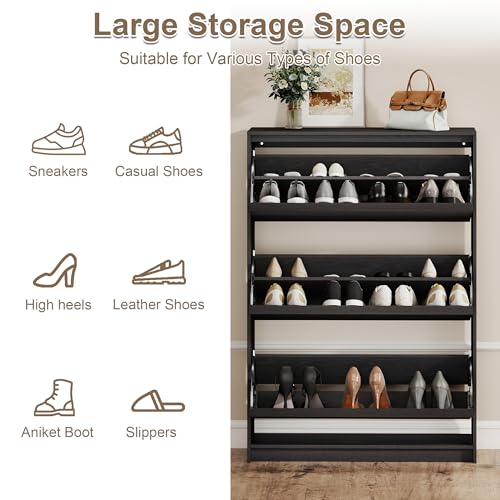 Shoe Cabinet with 3 Flip Drawers, 31.5" W Narrow Shoe Storage Cabinet for Entryway, Slim Shoe Organizer with Adjustable Shelves, Freestanding Shoe Rack for Hallway, Living Room, Black - color: Black, size: 9.45"D x 31.5"W x 45.47"H