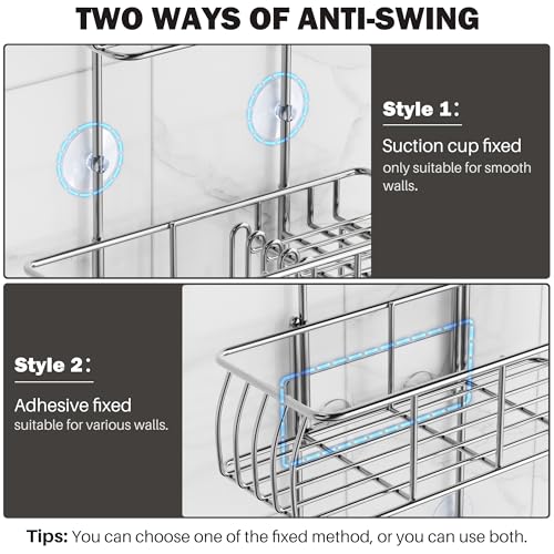 Epicano Anti-Swing Hanging Shower Caddy Stainless Steel 304, Over Head Shower Caddy Rustproof with hooks for Towels, Sponge and more, Chrome - color: Silver
