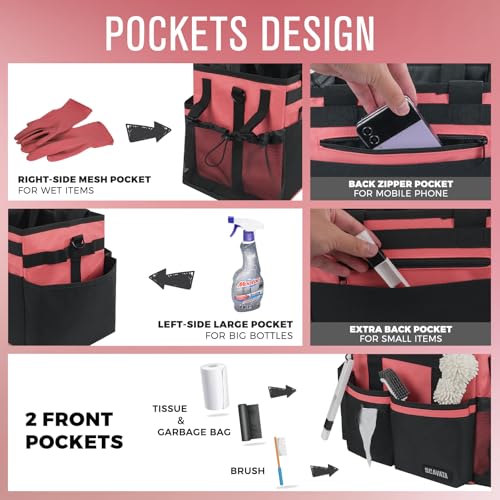 SCAVATA Compact Wearable Cleaning Caddy, Small Cleaning Supplies Organizer with Handle & Shoulder Straps for Housekeepers, under Sink & Car Cleaning Tool Organizers Bag (Coral Pink) - color: CaralPink