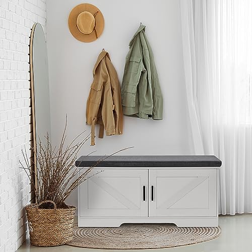 HOMSHO 2-Tier Storage Bench, 39.4" Wide Shoe Bench with Padded Seat Cushion, Entryway Bench with 2 Barn Doors and Adjustable Shelf, White - color: White, size: 39.4" Wide