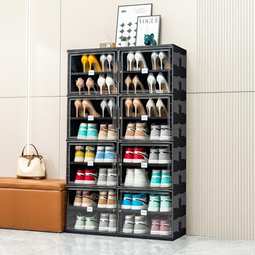 JEKO&JEKO 8 Tiers Foldable Shoe Rack Organizer Cabinet for Closet Entryway, Large Collapsible Shoe Storage Box with Magnetic Doors (Black) - color: Double-row, size: 8 Tiers