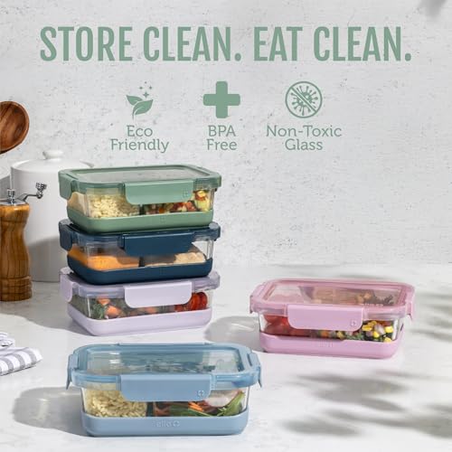 Ello Duraglass Refresh 3.4 Cup Divided Meal Prep Set 10Pc, 5 Pack, 2 Compartment Glass Food Storage Container with Silicone Boot and Airtight BPA-Free Plastic Lids, Dishwasher & Microwave Safe, Glade - color: Divided Meal Prep- Heather Glade, size: 3.4 Cu