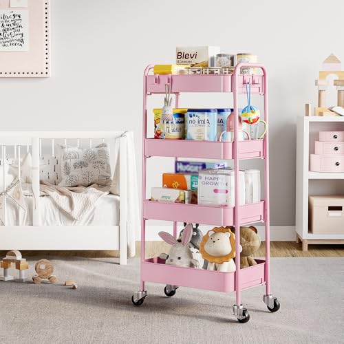 TOOLF 4-Tier Rolling Cart - Metal Storage Organizer with Lockable Wheels, 44 lbs Per Shelf Capacity, Tool-Free Assembly, for Kitchen Bathroom Office Laundry Room Nursery, Pink - color: Pink, size: 4-Tier