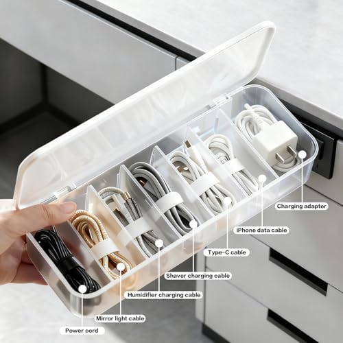 2 Pack Cord Organizer Box with 7 Wire Ties Each – Desktop Cable Management Storage Case with Lid, Charger Cord Organizer for Drawer, Multi-Compartment Power Cord Holder Set for Office Home – White - size: 2pack