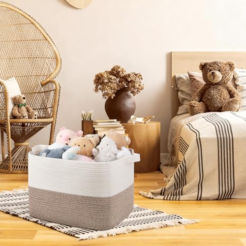 OIAHOMY Woven Storage Basket for Shelves, Rectangle Cotton Rope Baskets for Organizing, 16.5 x 13 x 11.8 in, Storage Bins for Dog Toys,Towel,Books,Gift,Brown and White - color: Brown and White, size: 16.5"x13"x11.8"