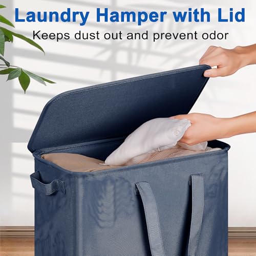 Vincona Slim Laundry Hamper with Lid and Wheels, Small Rolling Laundry Basket with Handle for Small Spaces, Tall Dirty Clothes Hampers for Dorm, Bathroom and Bedroom, 75L, Blue - color: Navy Blue, size: 75L