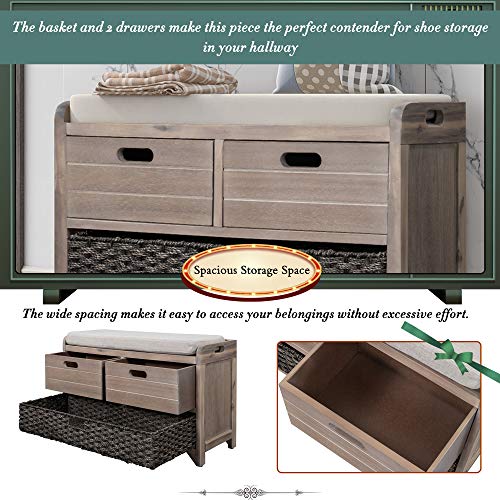 Fully Assembled Solid Acacia Wood Storage Bench - Shoe Organizer with 2 Drawers, Removable Basket & Padded Cushion, Rustic Entryway Bench (White Washed) - color: White Washed