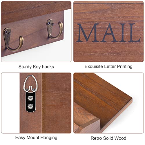 DLQuarts Mail Organizer with Key Holder for Wall Decorative Mail Sorter Wall Mounted, Wooden Mail Holder with 3 Hooks, Dark Brown - color: Dark Brown
