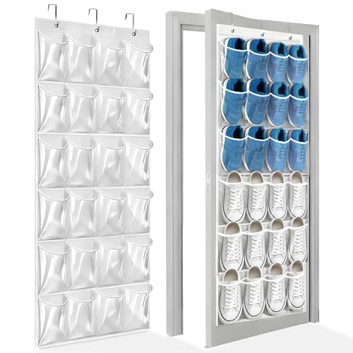 Over the Door Shoe Organizer with 40 Clear PVC Pockets – Waterproof Hanging Shoe Holder for Closet & Bathroom – Space-Saving Door Shoe Rack for Shoes, Toys, Toiletries & Snacks (White) - color: White