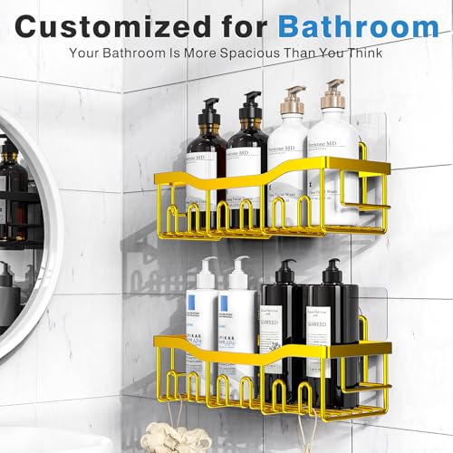 EUDELE Shower Caddy 2 Pack, Adhesive Organizer for Bathroom Storage, Home Decor & Kitchen, No Drilling, Rustproof Stainless Steel Shelf, Bathroom Decor Sets - color: Bright Gold