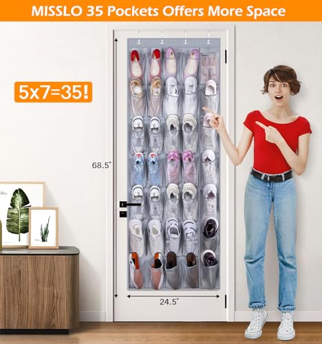 MISSLO 35 Large Pockets Over The Door Shoe Organizer Sturdy Oxford Fabric Hanging Shoe Rack for Door Mesh Closet Shoe Holder Hanger, Grey - color: Grey, size: 24.5x68.5