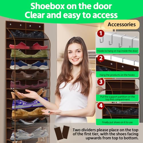 PAULONE 12 Pocket Over the Door Shoe Organizer,Reusable Breathable Large Mesh Bag Men's & Women's Sneaker Organizer,Shoe Organizer for Kids,Hanging Shoe Storage Hanging Bag (Coffee brown) - color: 12th Floor-Coffee brown