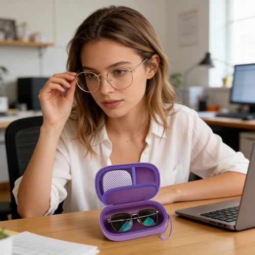 Portable 2 in 1 Contact Lens Case and Glasses Case, Traveling Contact Cases Bag Box Holder with Soak Storage Kit Included Built-in Mirror, Tweezer, Contact Lens Solution Bottle and Hand Strap-Purple - color: Purple