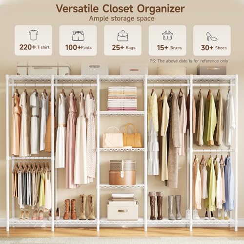 ONBRILL F5 Extra Large Industrial Pipe Clothing Rack, Freestanding Portable Closet Organizer System with Shelves & Hanging Rods, 88.6'' Wide Heavt Duty Clothes Rack, Max Load 1300lbs, White - color: White