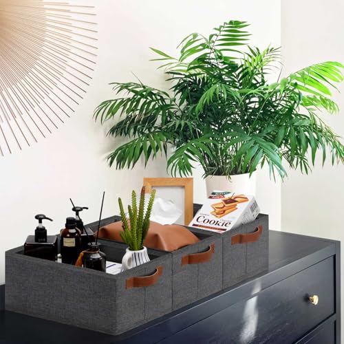 GhvyenntteS Small Fabric Storage Bins 6 Pack, 11.8" x 7.87" x 5.11" Storage Basket with Leather Handles, Closet Storage Bins for Shelves, Storage Baskets for Shelves, DVD Storage (Grey) - color: Gray, size: Small-11.8"x 7.87"x 5.11"-6pcs