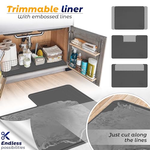 The Original Under Sink Mat - Adjustable Silicone mat, Waterproof Under The Sink Bathroom Vanity Mat - 28" x 19" or smaller - color: Dark Gray, size: 28" x 19"