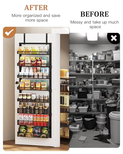 POKIPO 8-Tier Over the Door Pantry Organizer, Large Metal Door Spice Rack with Adjustable Basket, 2 in 1 Wall Mount or Hanging Heavy-Duty Pantry Door Storage Shelf for Kitchen and Bathroom, Black - color: Black