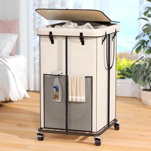 160L Laundry Hamper with Lid, Rolling Laundry Basket with Wheels, Large & Tall Dirty Clothes Hamper with Metal Frame and Removable Bag for Bedroom Aesthetic, Laundry Room, Bathroom, Dorm-White - color: White, size: 42GAL