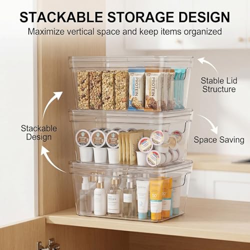 MOONEDGE Small Clear Plastic Storage Bins with Lids and Handles,Stackable Small Item Organizer Containers for Vanity,Craft,Office,Fridge,Kitchen,Pantry,Bathroom,Closet - 4 Pack (10×6×5 in) - size: 4 Pack
