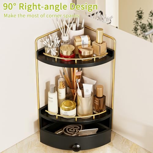 2-Tier Corner Bathroom Counter Organizer with Drawer & Embedded Screw Holes - Wooden Countertop Organizers for Skincare, Makeup Storage, Bathroom Sink Counter Shelf for Vanity, kitchen, Black Gold - color: Black Gold