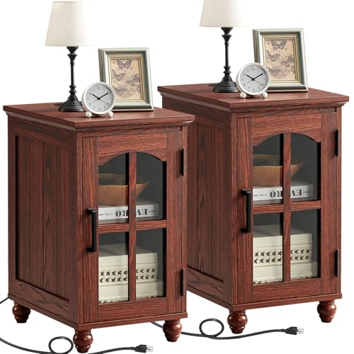 Narrow Side Table Set of 2,Farmhouse Nightstand with Charging Station,End Table with Glass Barn Door Storage, Cabinet Organizer with Adjustable Shelf, Night Stand for Small Spaces Living Room Bedroom - color: Red Oak, size: Set 2