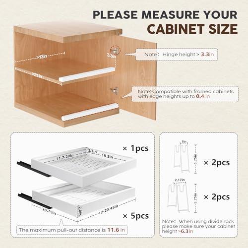 Seinloes 6 Pack Pull Out Cabinet Organizers 21" Deep With Raising Pad for Framed Cabinets, Expandable Slide Out Drawers with 4pcs Divider Racks, Roll Out Shelves, Adjustable Width 12"-20.45" White - color: White, size: 12"-20.45"Wide x 21"Deep(6 Pack)