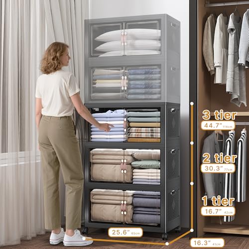 UAMFURI Extra Large Stackable Storage Bins with Lids & Wheels, 165QT-55QT/14GAL*3Pack Foldable Collapsible Closet Organizers Dark Storage Cabinet with Doors for Bedroom Dorm - color: Black, size: 3PACK-25"W16"D45"H
