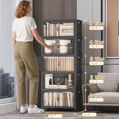 UAMFURI Extra Large Stackable Storage Bins with Lids & Wheels, Foldable Collapsible Closet Organizers Dark Storage Cabinet with Doors for Bedroom Dorm - color: Black, size: 5PACK-20"W12"D54"H