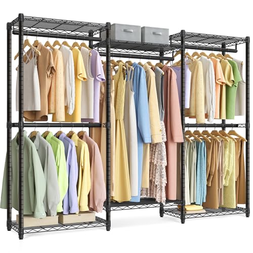 SONGMICS Heavy-Duty Clothes Rack, Garment Rack, Portable Closet, 68.7-Inch Wide Clothing Rack with Adjustable Mesh Shelves and Hanging Rails, Ink Black ULGR433B01 - color: Ink Black, size: 68.7"L x 76"H, style: Without Fabric Cover