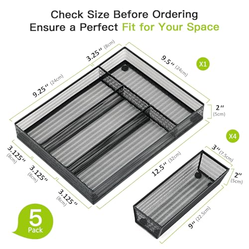 Neudeco Drawer Organizer Set 5 Pack - 4-Compartment Silverware Organizer Tray + 4 Utensil Trays, Kitchen Drawer Organizer for Flatware, Cutlery, Office Supplies, Black Mesh, Non-Slip. - color: Black-5 pack