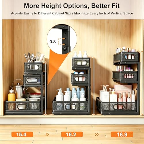 2 Pack Under Sink Organizer, 3-Tier Pull Out Kitchen Cabinet Organizer, Height Adjustable Metal Slide Out Bathroom Storage Makeup Drawer Rack for Bedroom Office Laundry Pantry Home Organization, Black - color: 3-Tier-Black, size: 2-Pack