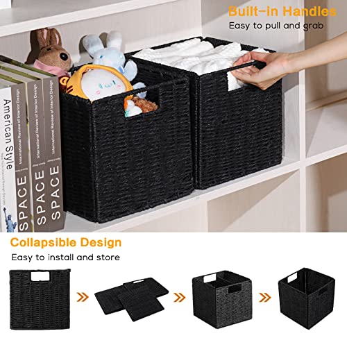 Vagusicc Wicker Basket, Set of 2 Woven Storage Baskets for Shelves, Foldable Cube Storage Basket Bins with Handles, 9 inch Small Storage Baskets for Organizing Pantry Bedroom, Black - color: Black, size: 9'' x 9'' x 9''