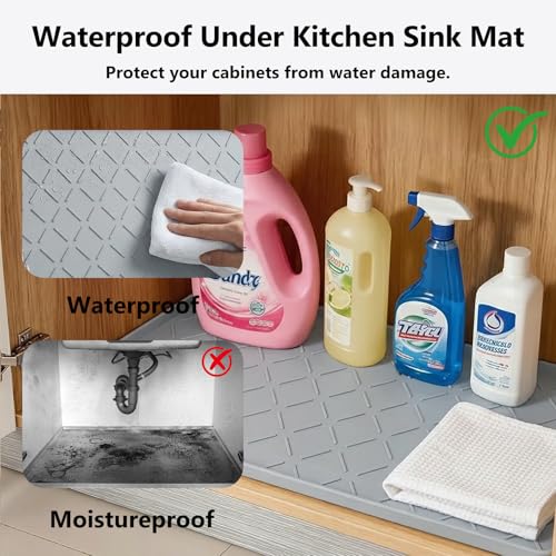 Mateeylife Under Sink Mats for Kitchen Waterproof 22"X19", Undersink Protectors，Silicone Mat Cabinet Liner, Under Sink Organizer for Bathroom and Kitchen，Boot Tray Pet Food Mat, Light Grey - color: Light Grey, size: 19"W x 22"L