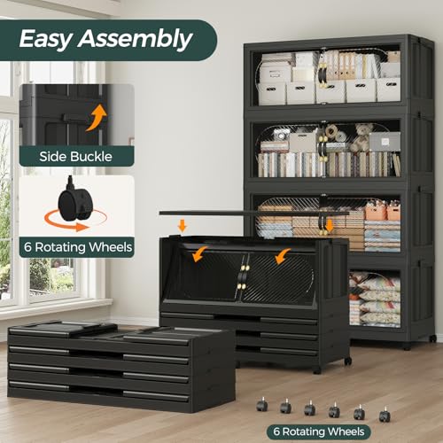 240GAL Plastic Storage Bins with Lid, 960QT Extra Large Stackable Closet Organizers and Storage, Collapsible Storage Boxes with Wheels, Folding Cabinet for Home Kitchen Office, 4Pack Black - color: 60Gal-Black, style: 4Pack