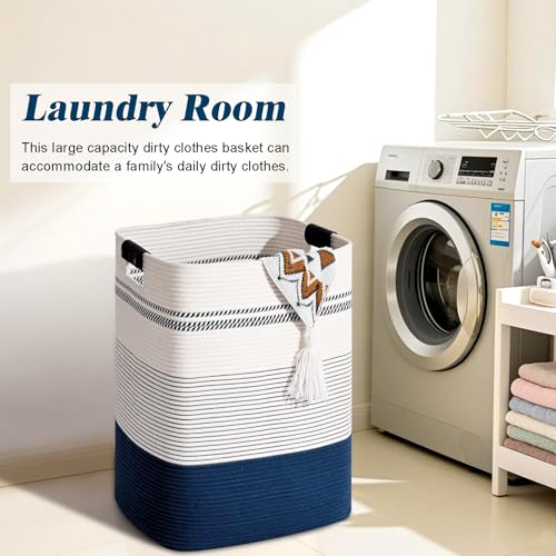 Laundry Hamper, 95L Tall Laundry Basket with Leather Handles, Rectangle Large Clothes Hamper for Organizing, Cotton Woven Laundry Baskets Storage Hampers for Bedroom, Nursery, Living Room - color: Dark Blue & White, size: 95L
