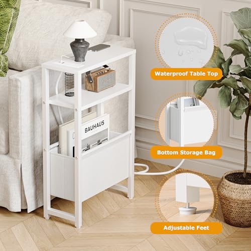 Narrow Side Table with Charging Station Slim End Table Sofa with Magazine Rack, Bedside Table for Small Spaces, 3 Tier Nightstand for Living Room Couch, Bedroom White LET503WE - color: White